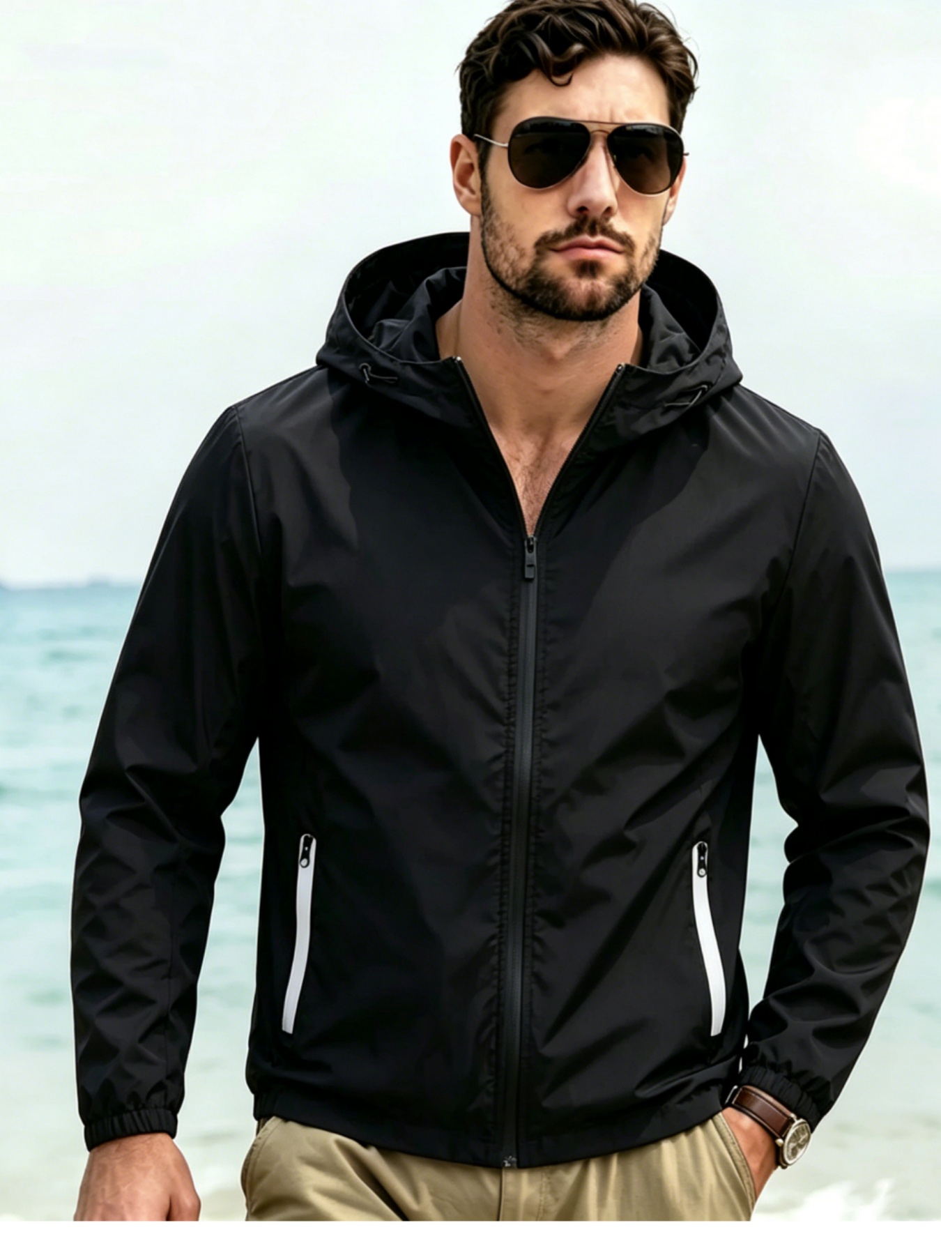 Windbreaker Men Zip - Jaket Windbreaker Pria Berkerudung, Mantel Ringan
