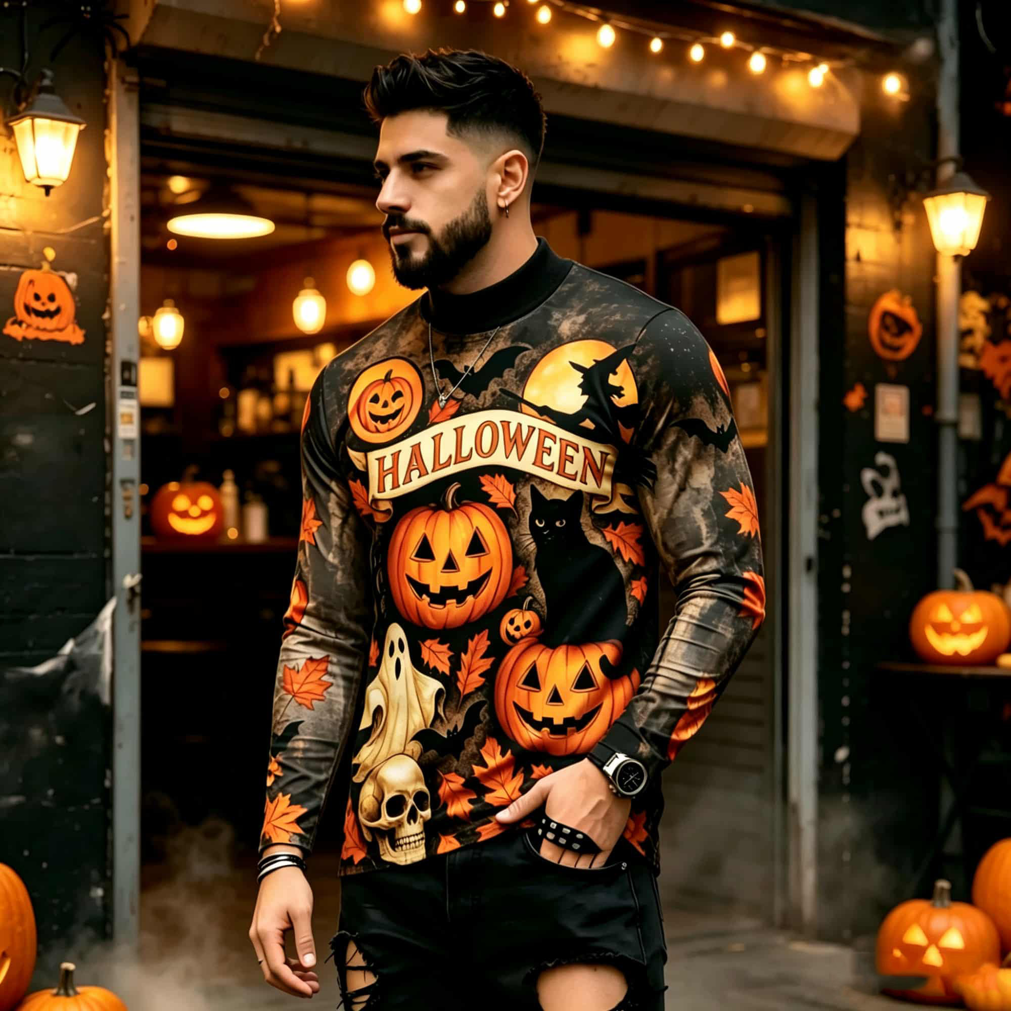 Men'S Fashion And Style - Kaos Lengan Panjang Motif Halloween Gaya