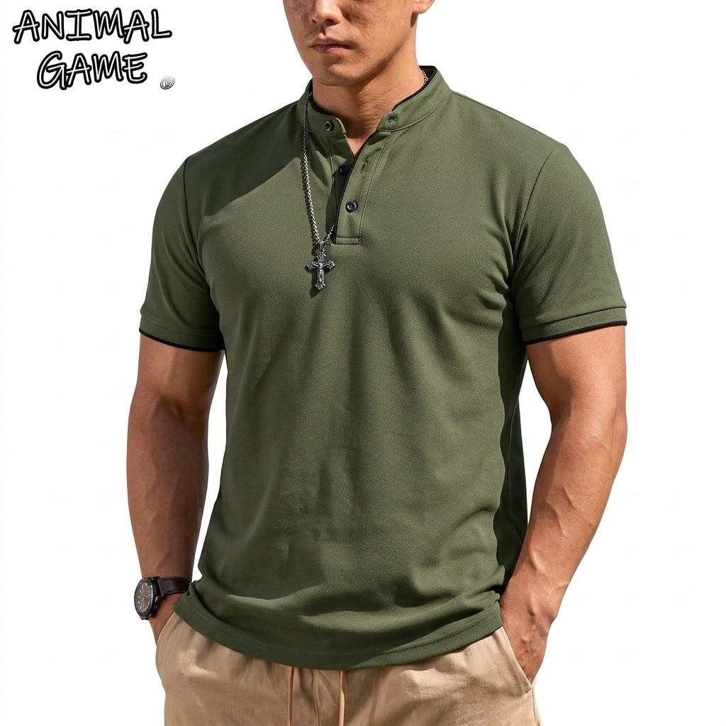 Men'S Fashion Polo - Kaos Henley Lengan Pendek Musim Panas