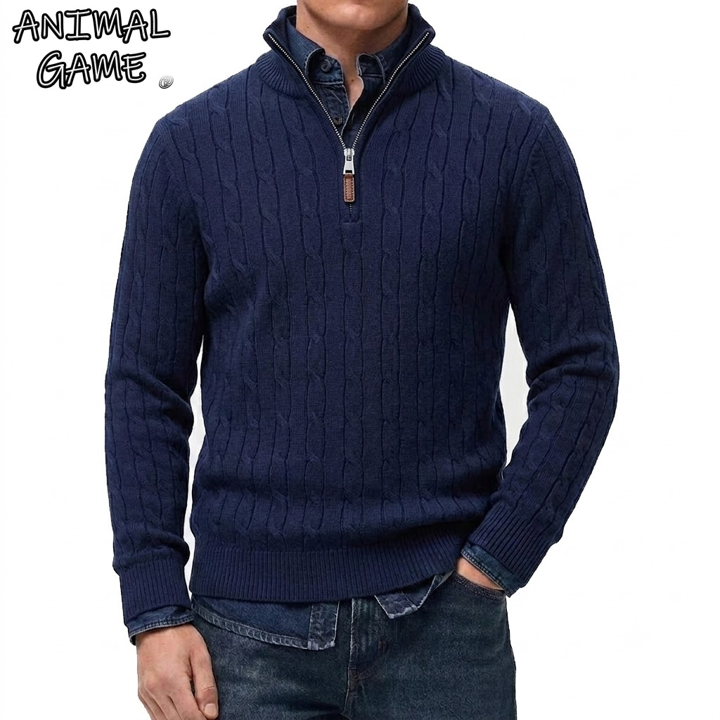 Men'S Fashion Zip Sweater - Kardigan Pria Kasual Kerah Tegak Setengah